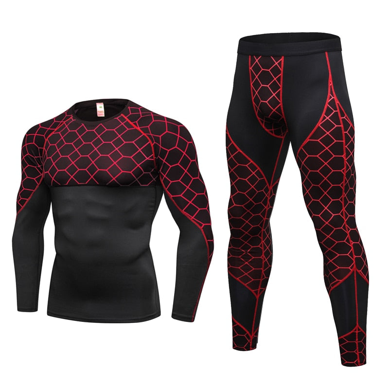 Men's Compression Run jogging Suits Grid Clothes Sports Set Long t shirt And Pants Gym Fitness workout Tights clothing 2pcs Sets Image