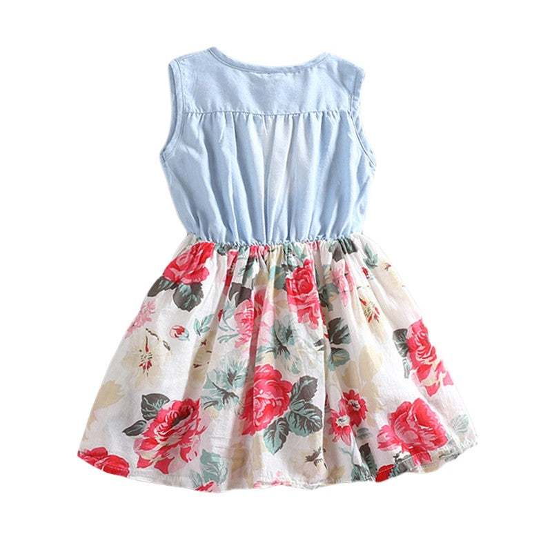 Summer Children Sleeveless Girl Denim Floral Dresses Image