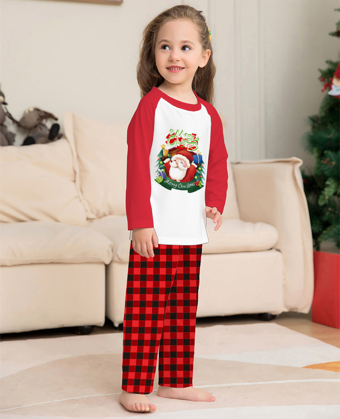 Christmas Parent-Child Clothes Set Long Sleeve T-Shirt Plaid Pants Family Matching Pajamas Image