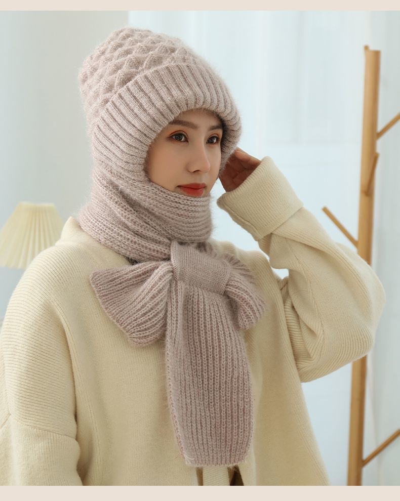 Women's Fleece-lined Scarf And Hat Winter Warm Knitted Hat Scarf Image