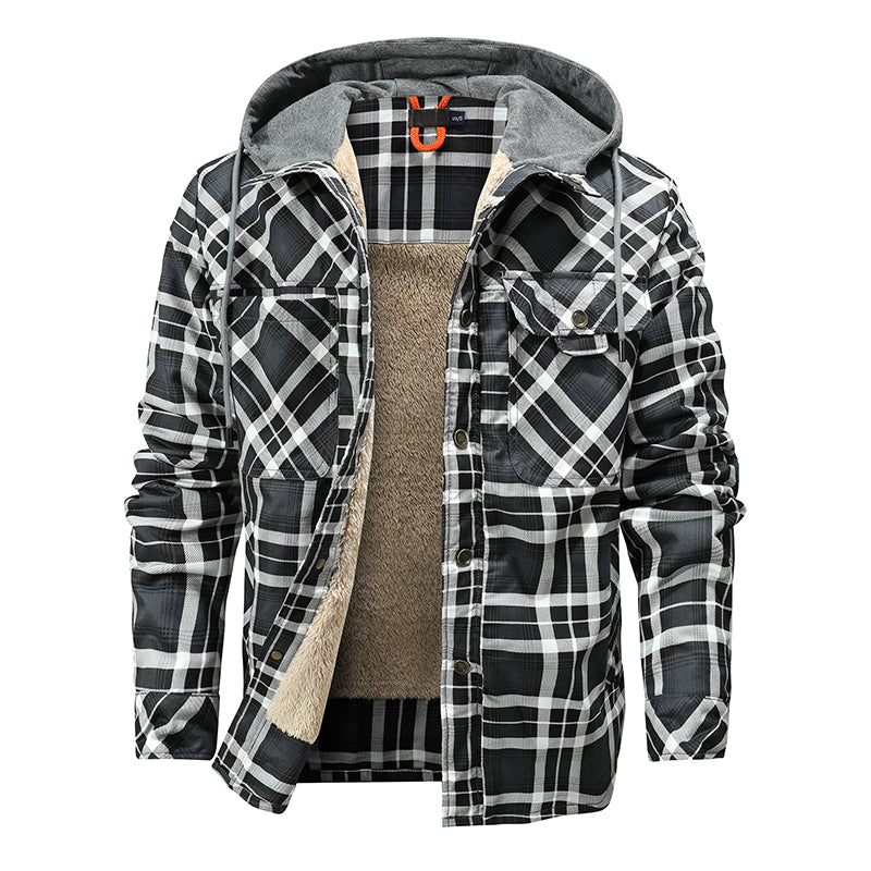 Men Warm Jacket Fleece Lining Lumberjack Plaid Hooded Jackets Snap Button Image