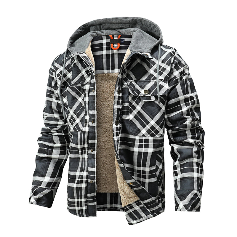 Men Warm Jacket Fleece Lining Lumberjack Plaid Hooded Jackets Snap Button Image