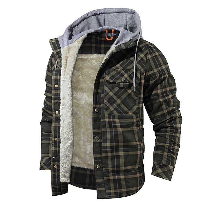 Men Warm Jacket Fleece Lining Lumberjack Plaid Hooded Jackets Snap Button Image