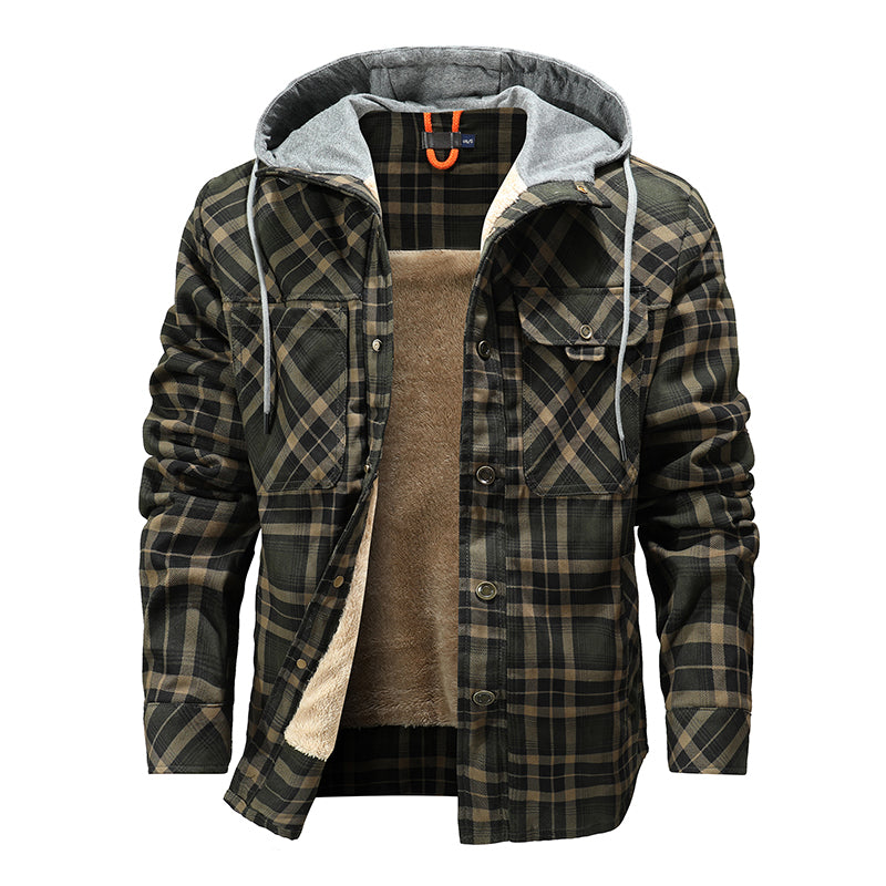 Men Warm Jacket Fleece Lining Lumberjack Plaid Hooded Jackets Snap Button Image