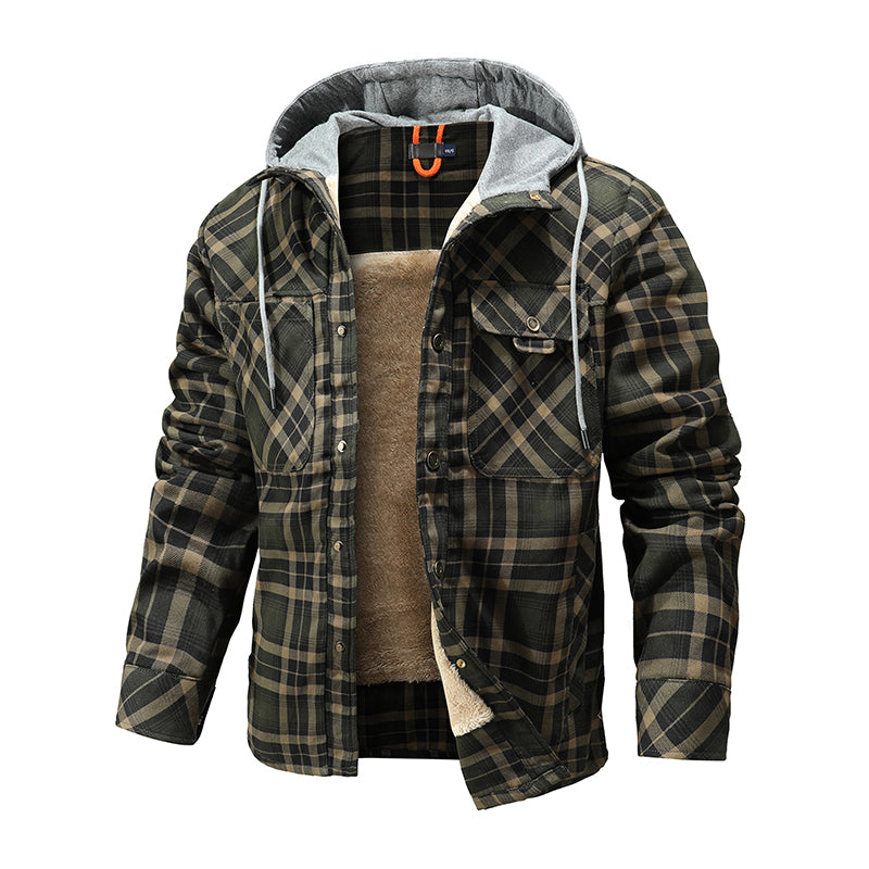 Men Warm Jacket Fleece Lining Lumberjack Plaid Hooded Jackets Snap Button Image