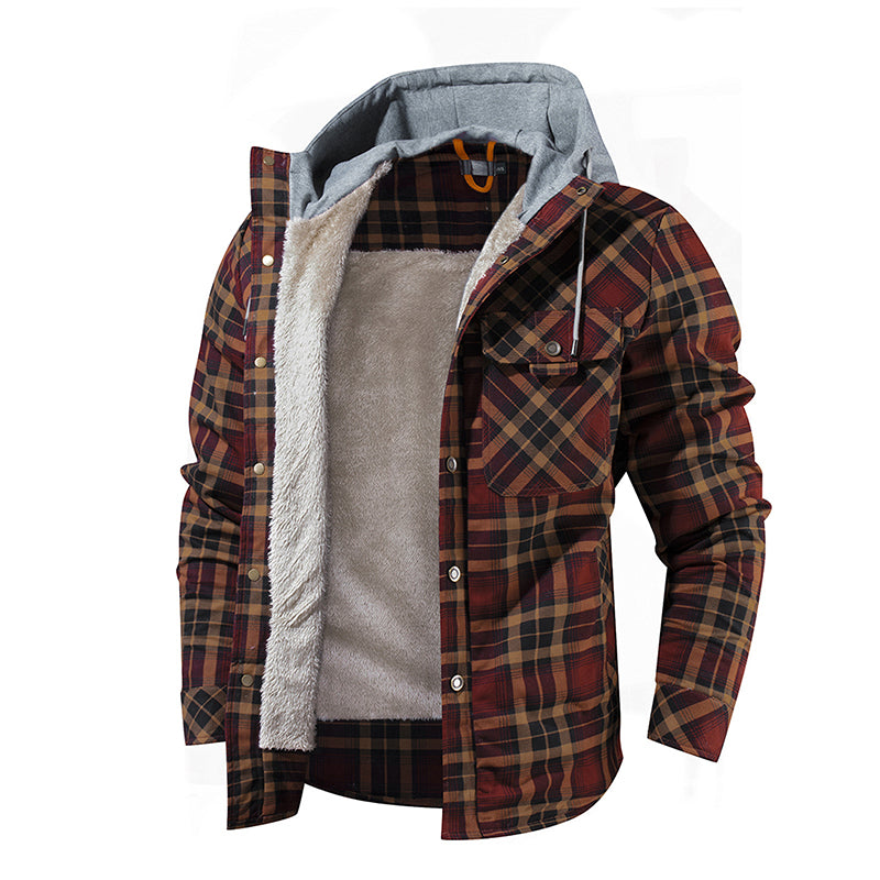 Men Warm Jacket Fleece Lining Lumberjack Plaid Hooded Jackets Snap Button Image