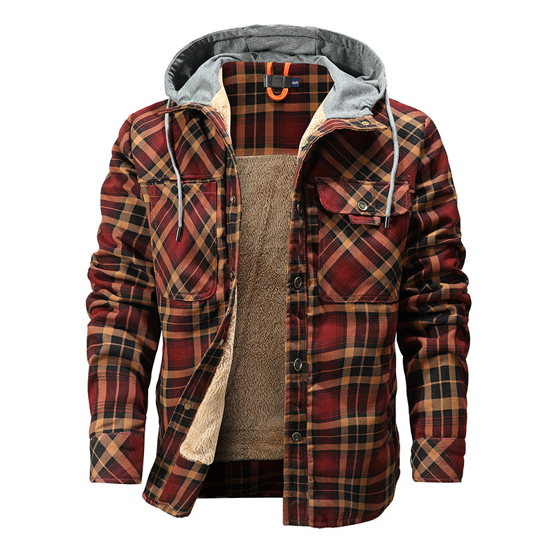 Men Warm Jacket Fleece Lining Lumberjack Plaid Hooded Jackets Snap Button Image