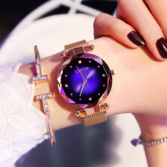 Rose Gold Women Watches Fashion Diamond Ladies Starry Sky Magnet Watch Waterproof Female Wristwatch Image