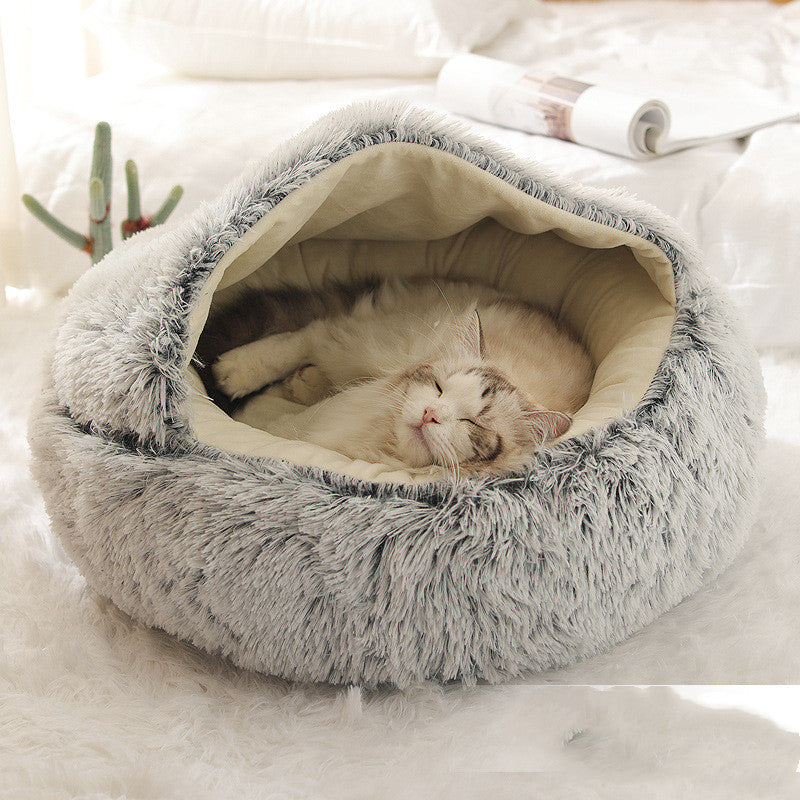 2 In 1 Dog And Cat Bed Pet Winter Bed Round Plush Warm Bed House Soft Long Plush Pets Bed Image