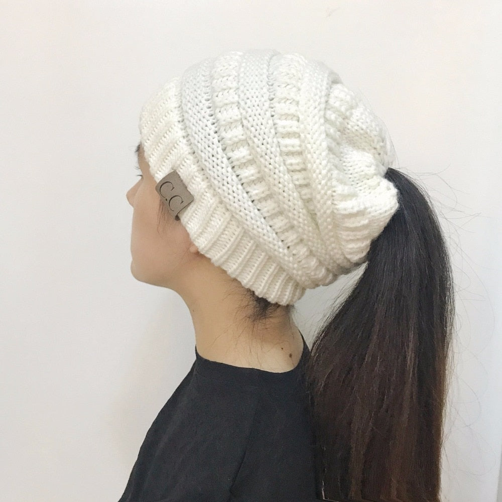 High Bun Ponytail Beanie Hat Chunky Soft Stretch Cable Knit Warm Fuzzy Lined Skull Beanie Acrylic Hats Men And Women Image