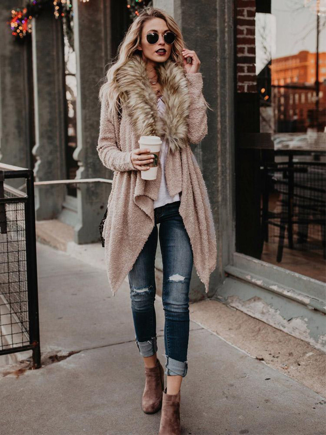 Fur collar cardigan plush trench coat Image