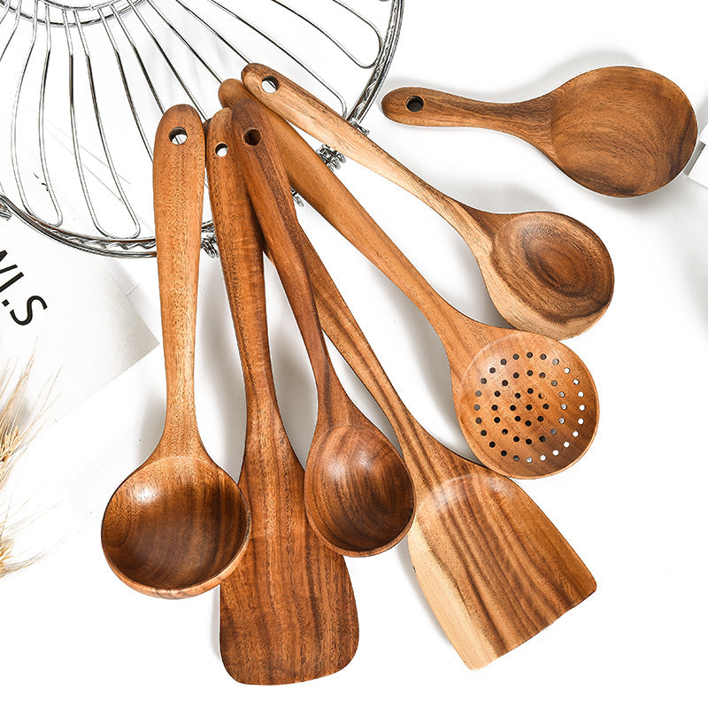 Teak Natural Wood Tableware Spoon Ladle Turner Rice Colander Soup Skimmer Cooking Tool Sets Spoon Scoop Kitchen Tools Gadgets Image