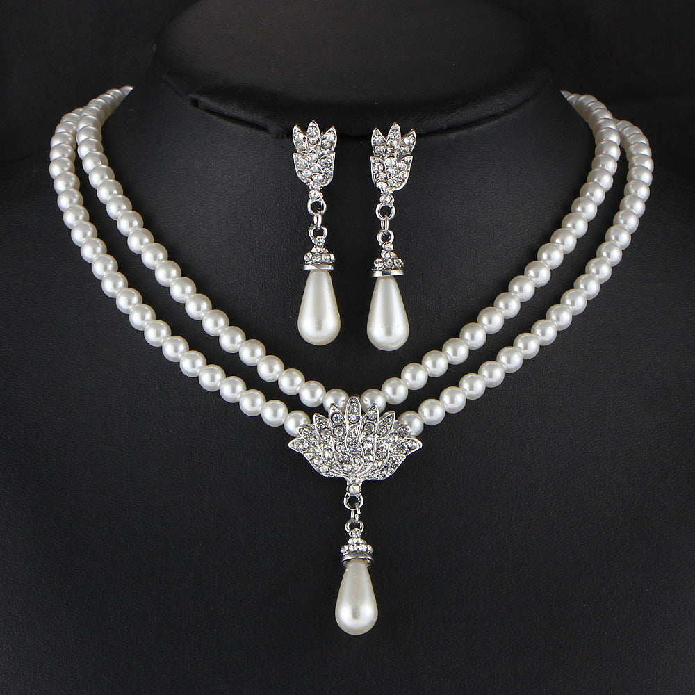 Jewelry Bridal Pearl Crystal Diamond Short Clavicle Neck Necklace Set Image