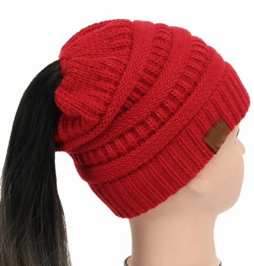 High Bun Ponytail Beanie Hat Chunky Soft Stretch Cable Knit Warm Fuzzy Lined Skull Beanie Acrylic Hats Men And Women Image