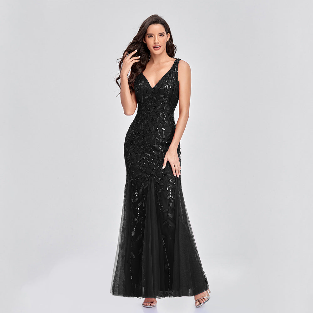 Sexy Long Dress Sleeveless V-neck Embroidered Sequin Slim Mermaid Dress Image