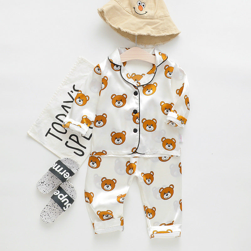 Long sleeve ice silk bear pajamas set for boys and girls Image