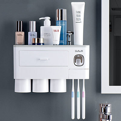 Non-marking Hanging Magnetic Toothbrush Holder Single Drawer Storage Rack With Toothpaste Squeezer Toiletry Set Image