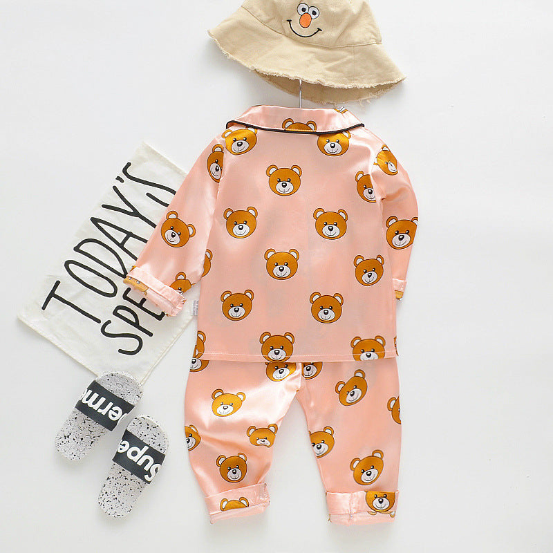 Long sleeve ice silk bear pajamas set for boys and girls Image