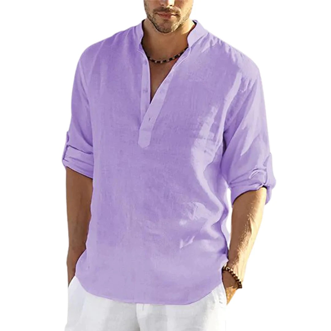 Men's Casual Cotton Linen Solid Color Long Sleeve Shirt Loose Stand Collar Image