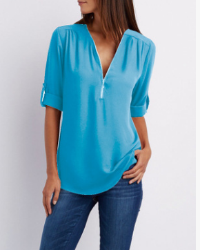 Zip V-neck Shirts Women Short Sleeve Loose Tops Image