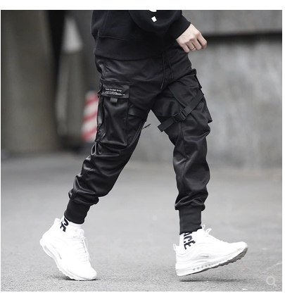 Hot Sale Men Black Hip Hop Cargo Pants Elastic Waist Jogger Trousers Sweatpants Pockets Full Length Casual Fashion Image