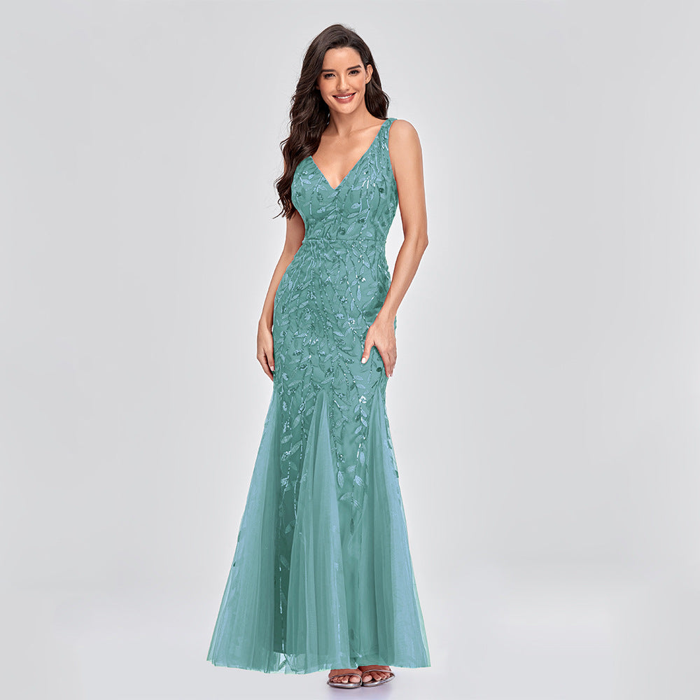 Sexy Long Dress Sleeveless V-neck Embroidered Sequin Slim Mermaid Dress Image