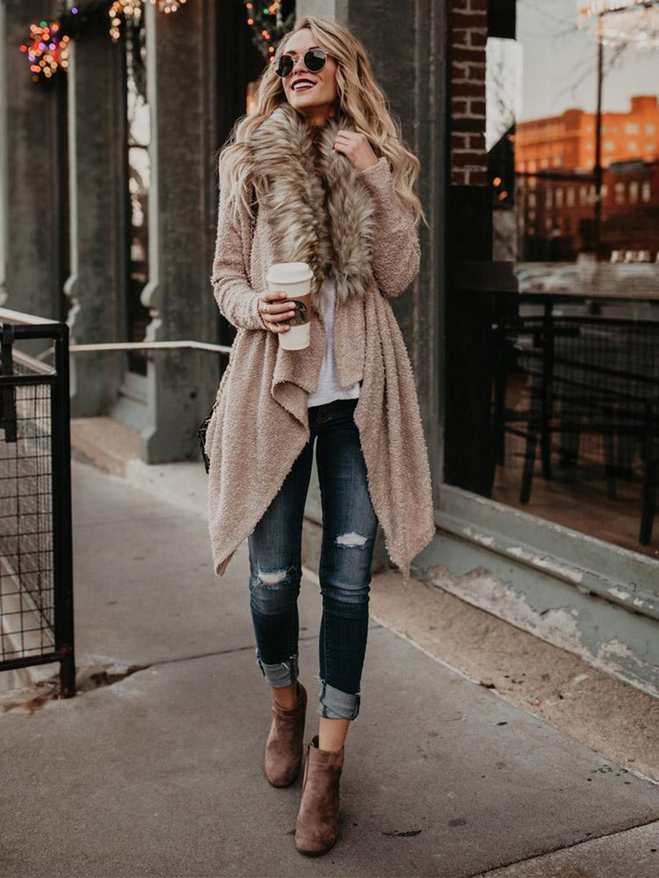 Fur collar cardigan plush trench coat Image