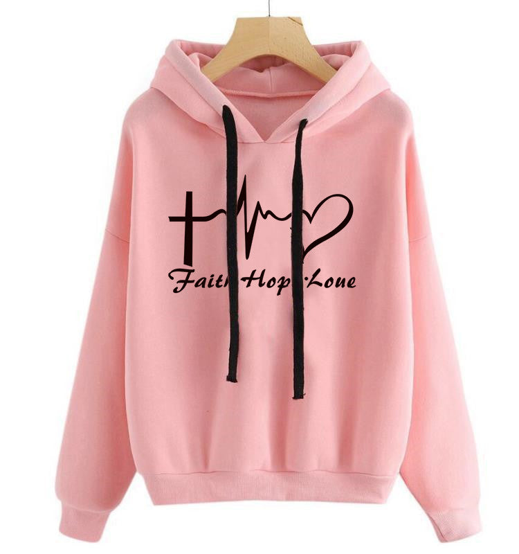 Heart Print Hoodie Sweatshirt Pullover Tops Women Long Sleeve Sports Clothes Image