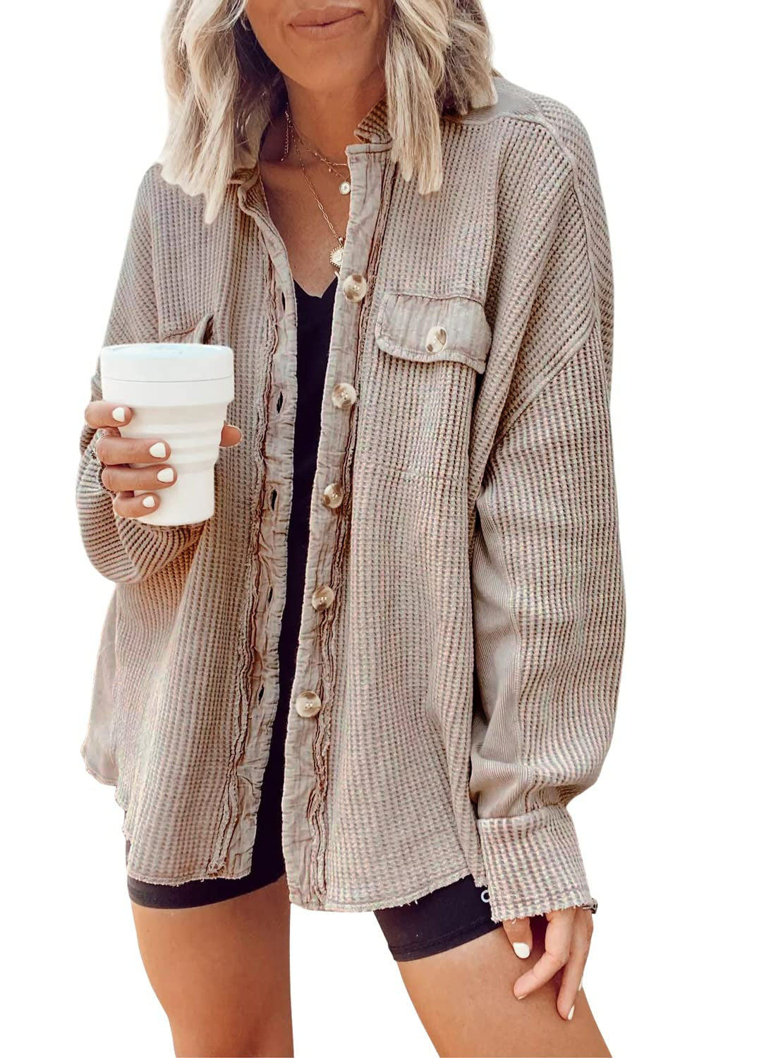 Button Shirt Jacket Women Lapel Long Sleeve Blouse Fashion Jacket Tops Image