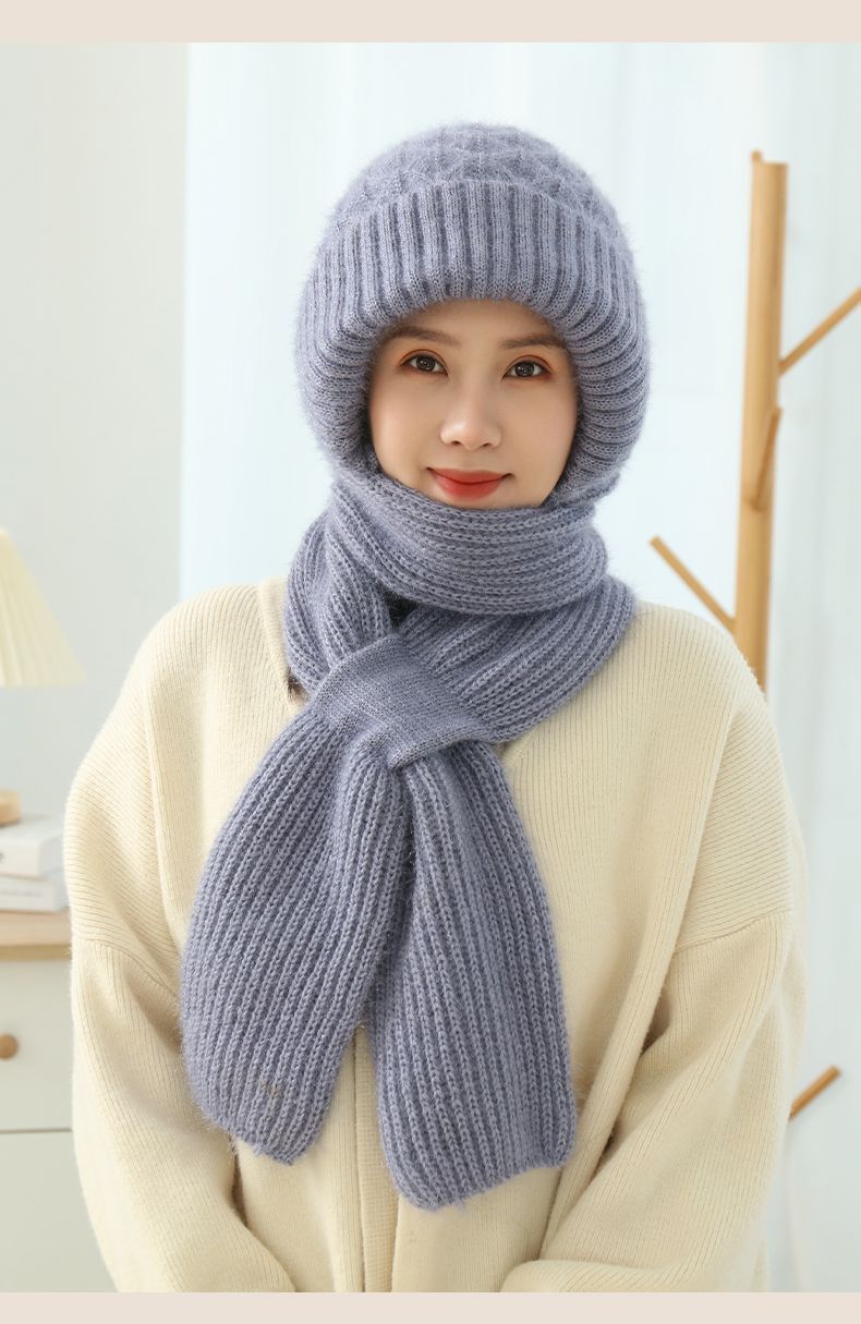 Women's Fleece-lined Scarf And Hat Winter Warm Knitted Hat Scarf Image