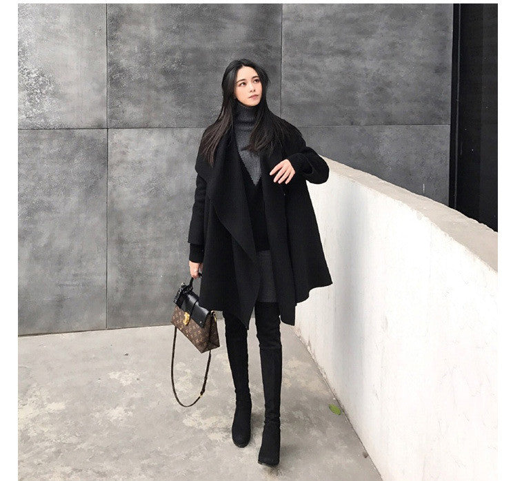 Black Medium Long Irregular Loose Cloak Woolen Coat Image