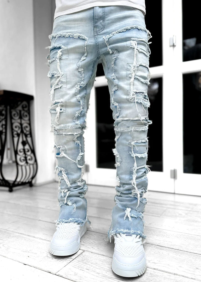 Men Trousers Individual Patched Pants Long Tight Fit Stacked Jeans For Mens Clothing Image