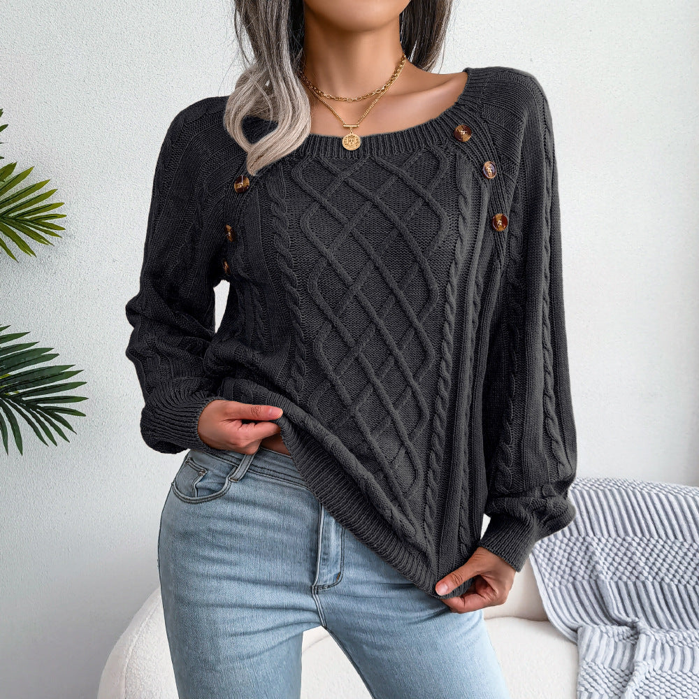 Square Neck Button Fried Dough Twist Knitting Sweater Image