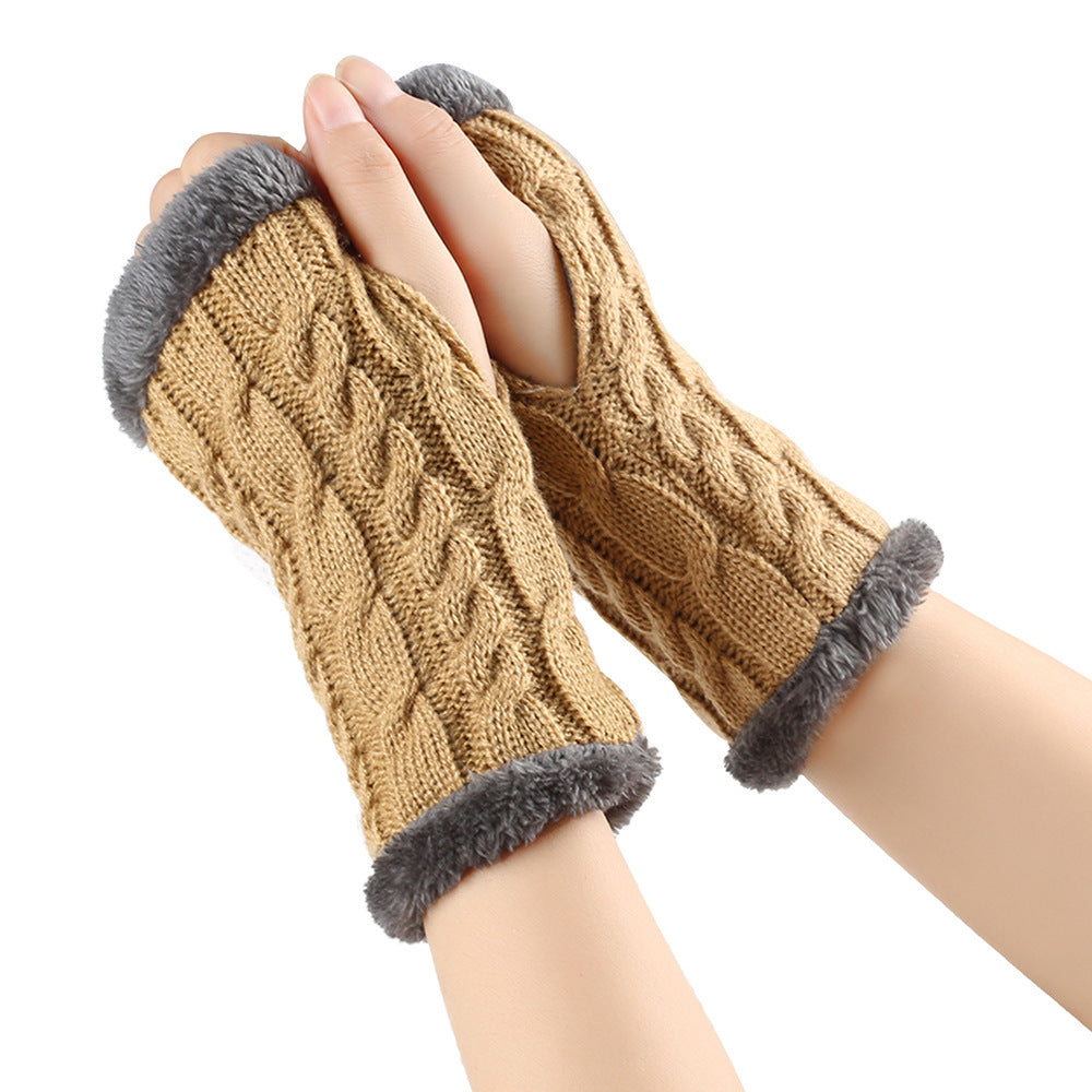 Winter Plush Gloves Twist Knitted Fingerless Fleece Gloves Women Warm Thickened Woolen Gloves Image