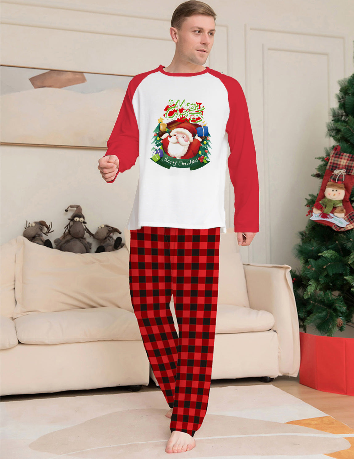 Christmas Parent-Child Clothes Set Long Sleeve T-Shirt Plaid Pants Family Matching Pajamas Image