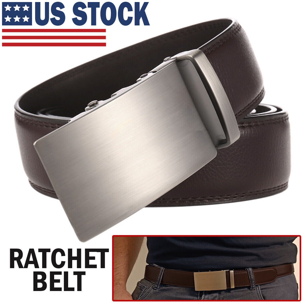 Microfiber Leather Mens Ratchet Belt Belts For Men Adjustable Automatic Buckle Dark Brown Image