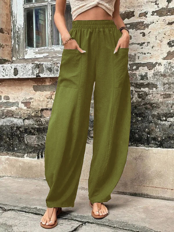 Women's Harem Pants With Pockets High Waisted Casual Beach Pants Loose Trousers Summer Image