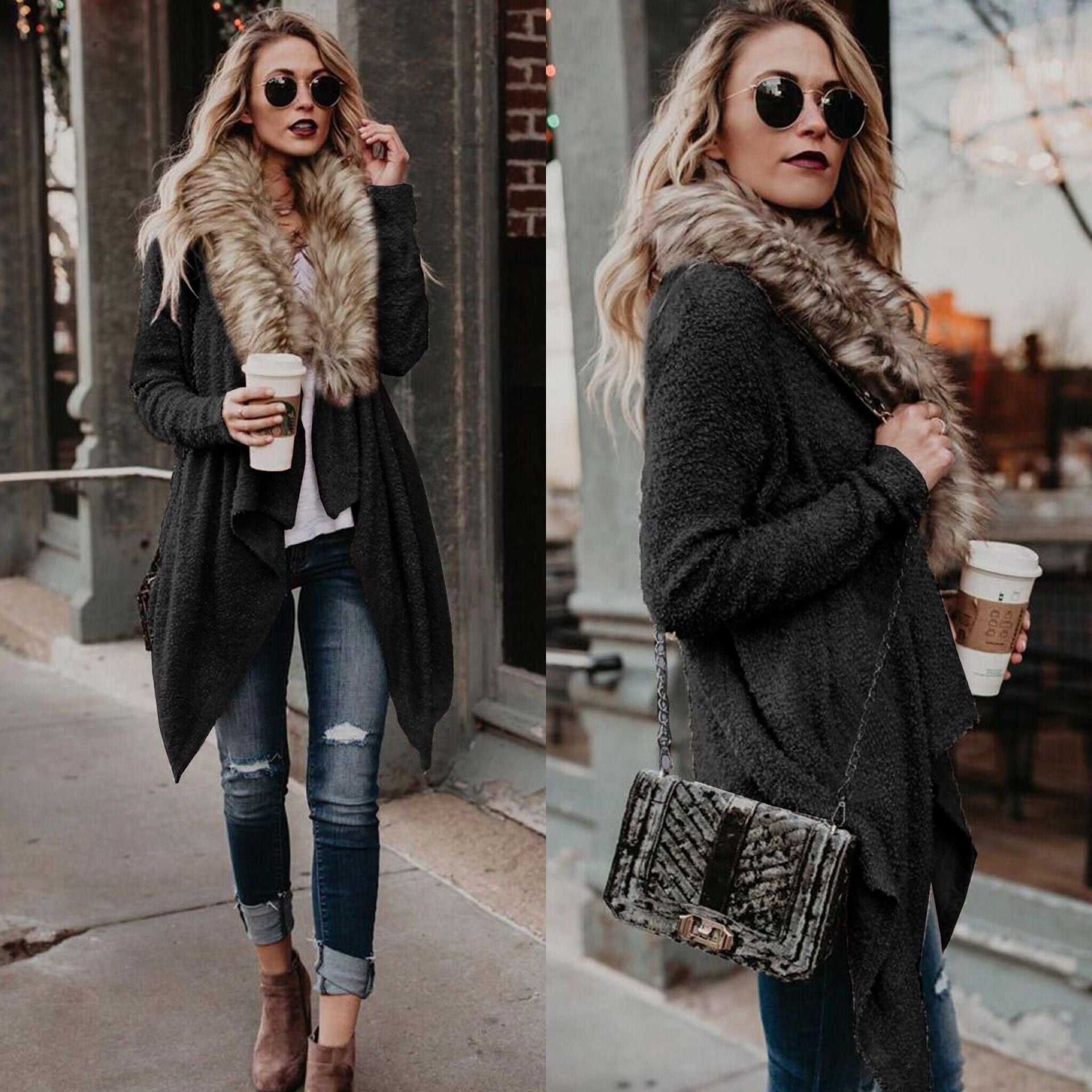 Fur collar cardigan plush trench coat Image