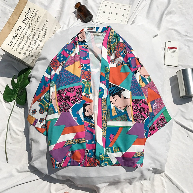 Printed Japanese Style Kimono Jacket cardigan men clothing cardigan male streetwear hiphop casual coat loose kimono Image