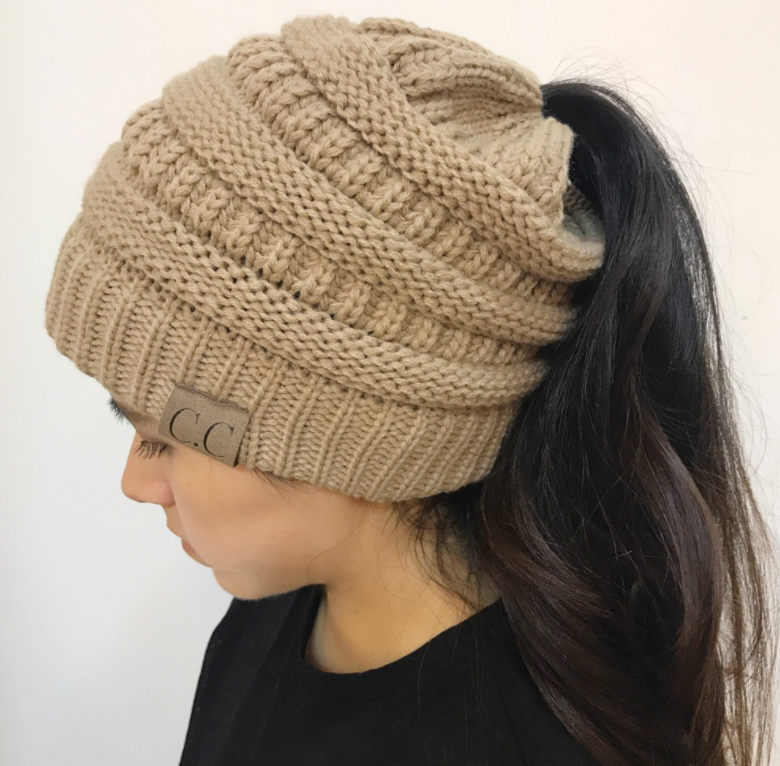 High Bun Ponytail Beanie Hat Chunky Soft Stretch Cable Knit Warm Fuzzy Lined Skull Beanie Acrylic Hats Men And Women Image