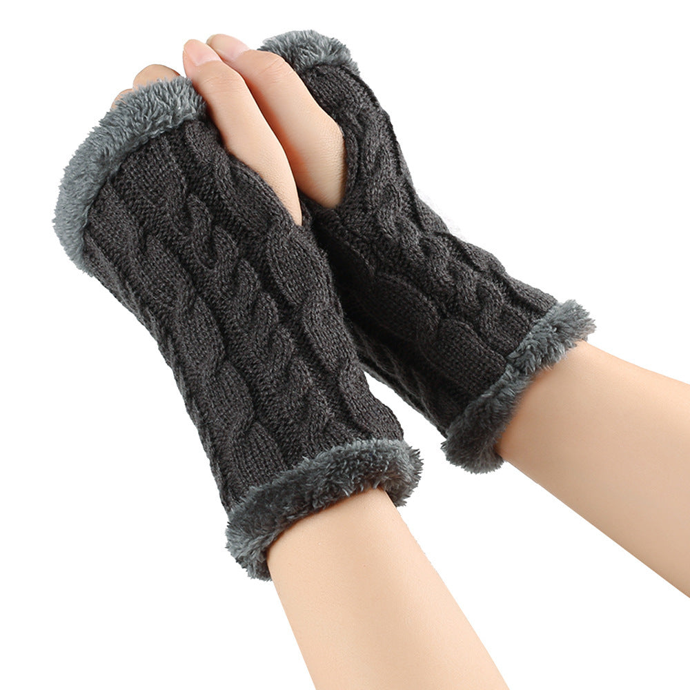 Winter Plush Gloves Twist Knitted Fingerless Fleece Gloves Women Warm Thickened Woolen Gloves Image