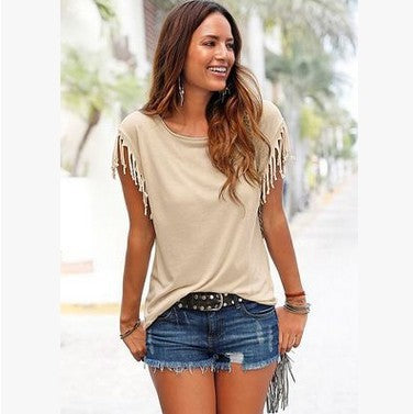 Wish quick sale eBay ladies Europe and America big size round neck short sleeve cuffs tassel T-shirt cotton tops Image