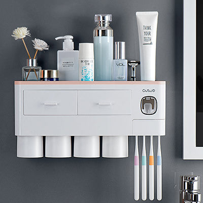 Non-marking Hanging Magnetic Toothbrush Holder Single Drawer Storage Rack With Toothpaste Squeezer Toiletry Set Image