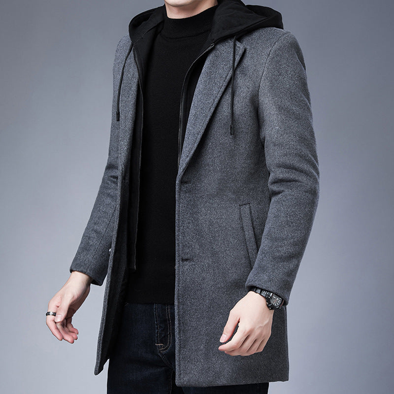 Mens Detachable Hooded Woolen Winter Coat Jacket Mid-Length Single Breasted Image