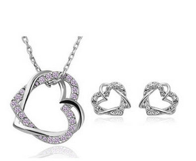 Yiwu Fashion Jewelry Factory Jewelry Customized Double Diamond Heart Necklace Earring Set Image