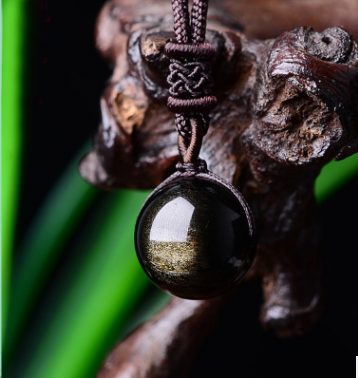 Black Gold Natural Obsidian Stone Pendant Lucky Transfer Beads Pendant Necklace Male Female Lovers Fashion Jewelry Image