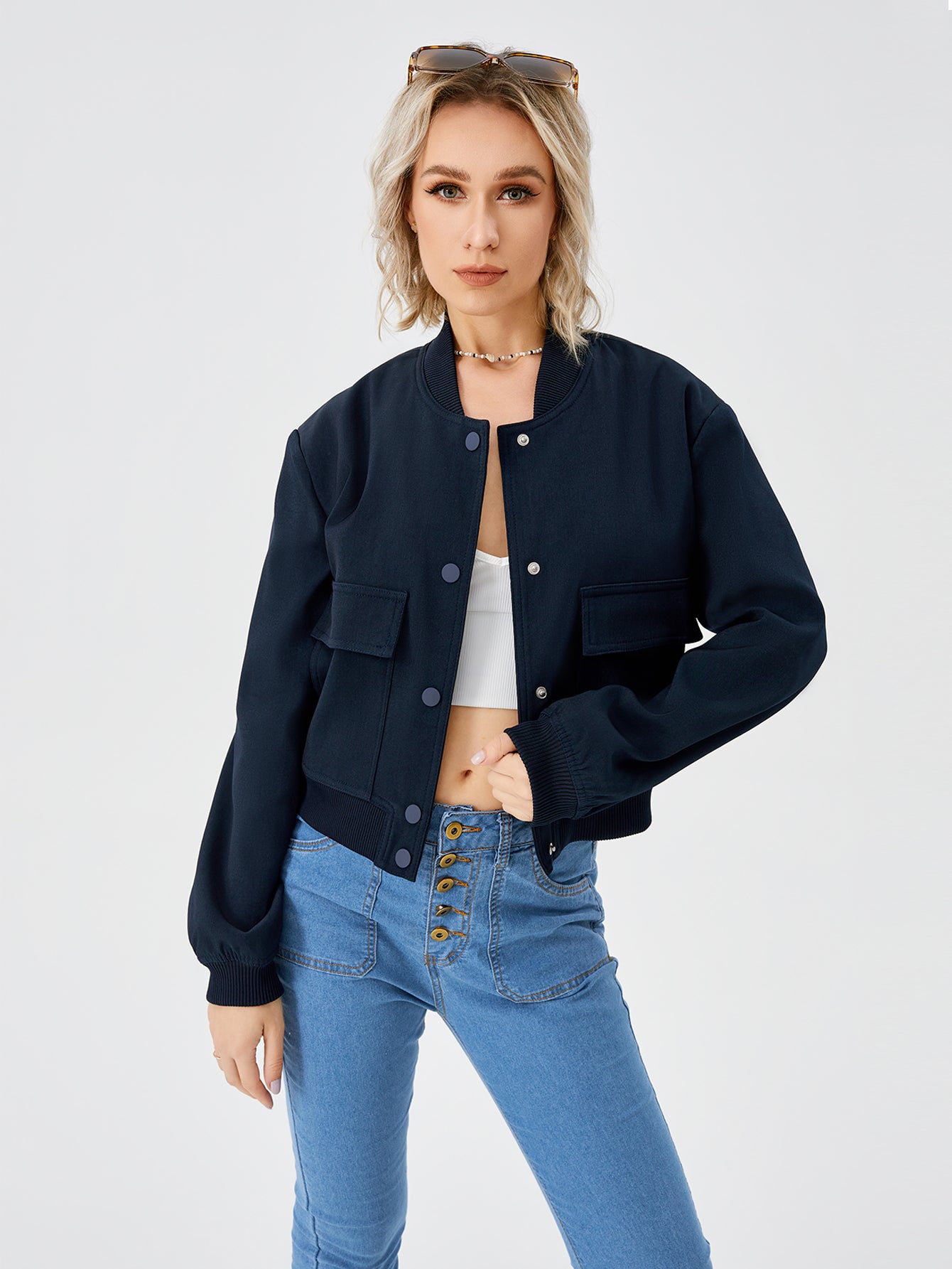 Women's Lightweight Cropped Bomber Jacket Casual Long Sleeve Varsity Jacket With Pocket Fashion Y2k Jacket Streetwear Image