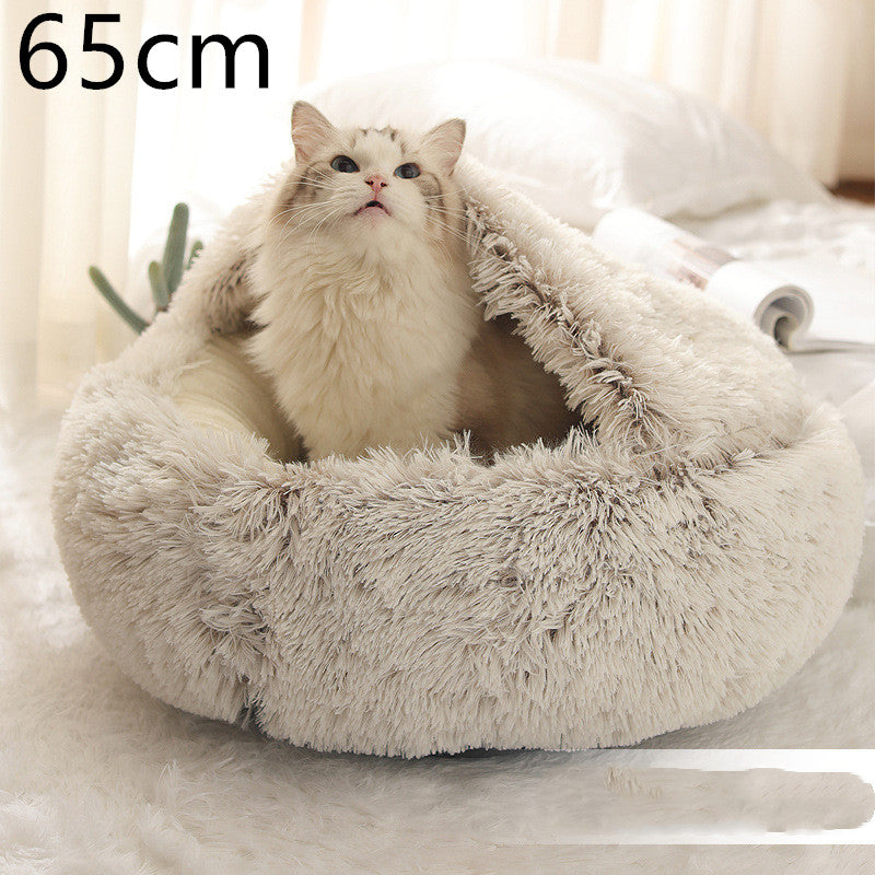 2 In 1 Dog And Cat Bed Pet Winter Bed Round Plush Warm Bed House Soft Long Plush Pets Bed Image