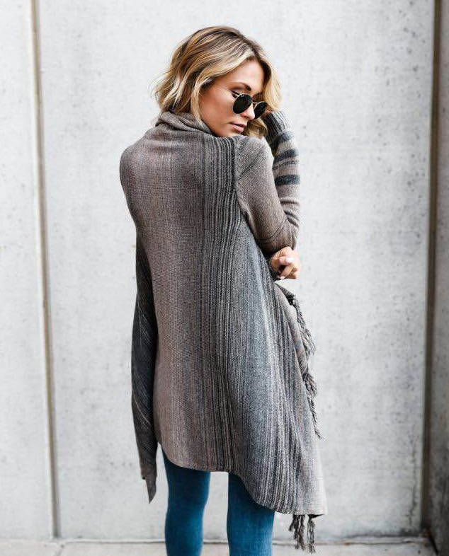 Autumn And Winter Medium Length Slim Fringe Striped Sweater Coat Image