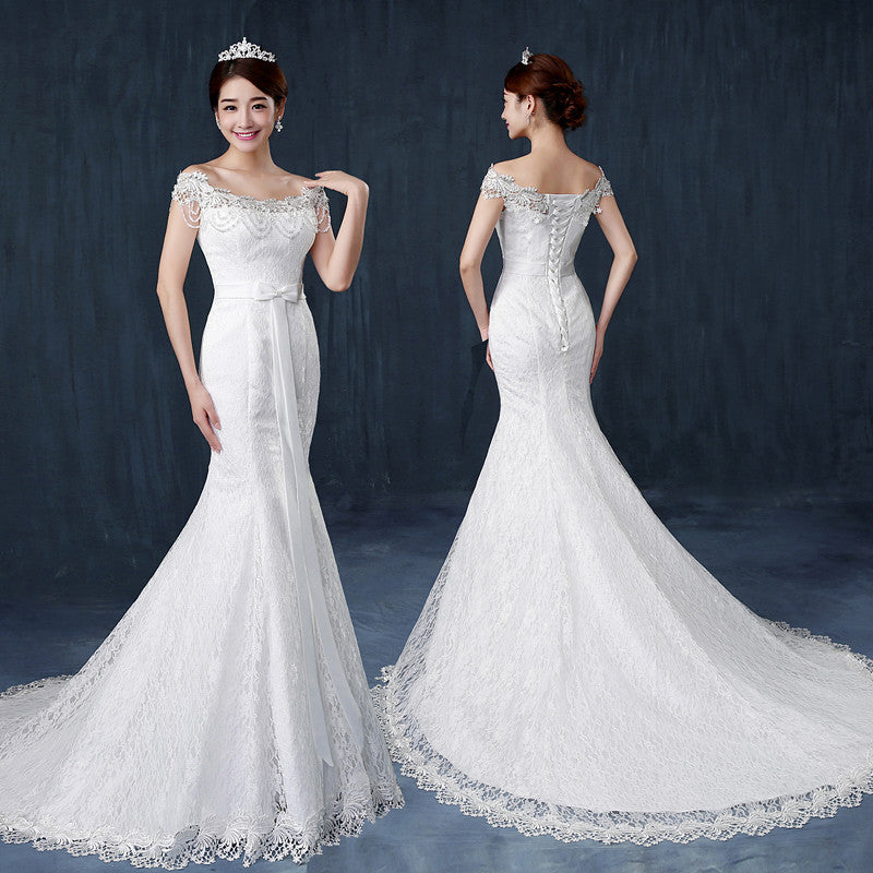 Fishtail wedding bride wedding dress one word shoulder slim slimming small trailing studio wedding dress Image